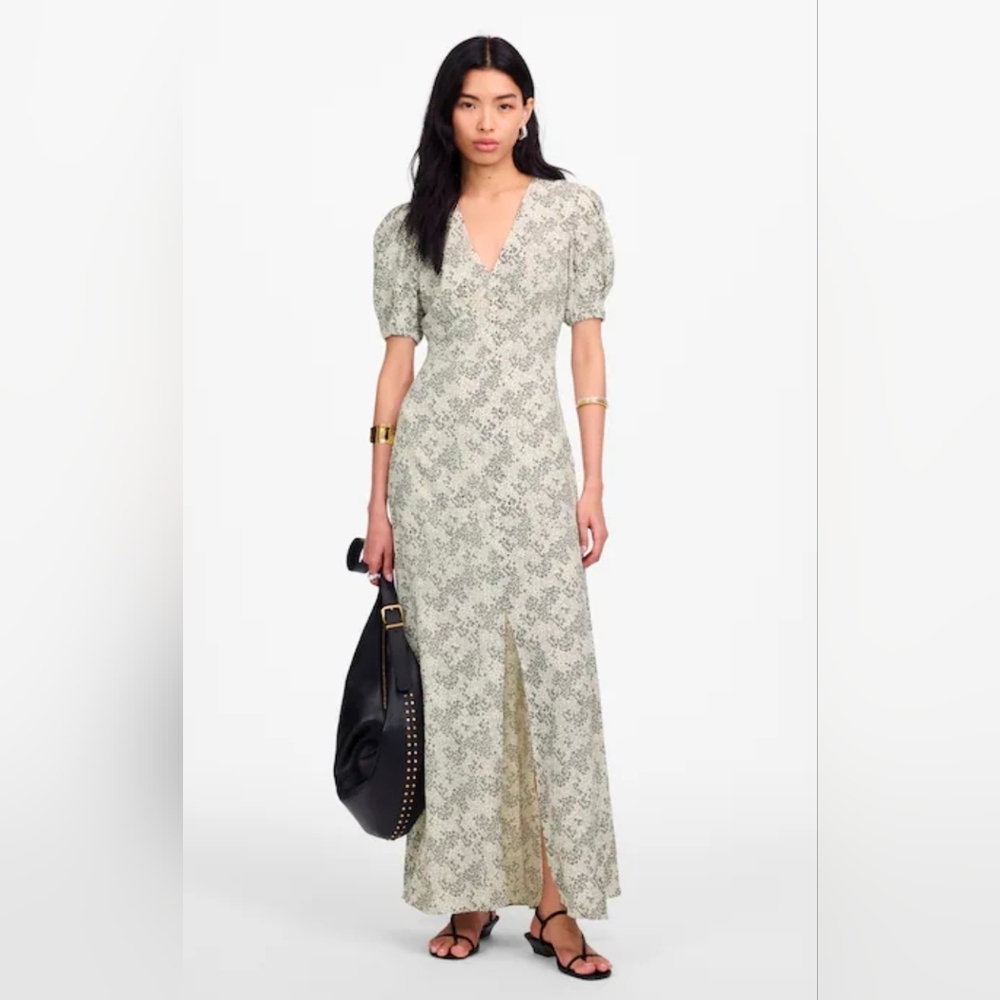 Madewell Puff Sleeve V Neck Midi Dress In Harper Floral Ivory Black Size 4